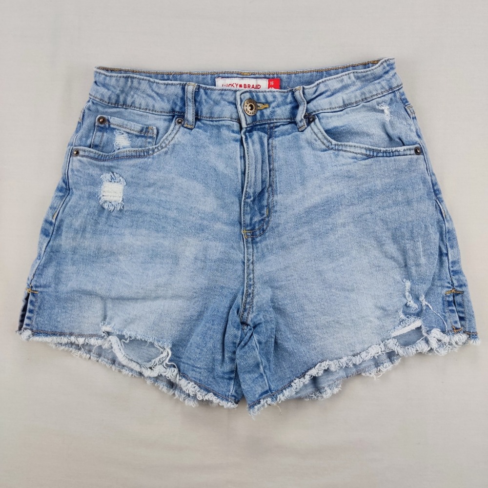 Lucky Brand Shorts Girls 16 Blue Lucky Braid Midi Distressed Denim Frayed Hem